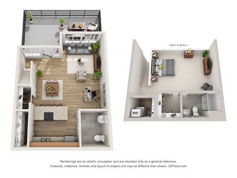 Floor plan for 1 bed, 1.5 baths, 1001 sqft